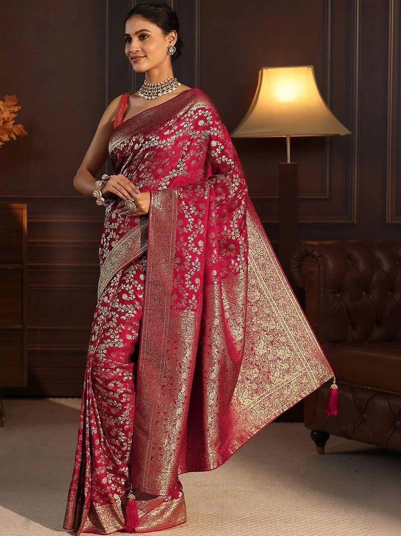 magenta floral zari brocade saree