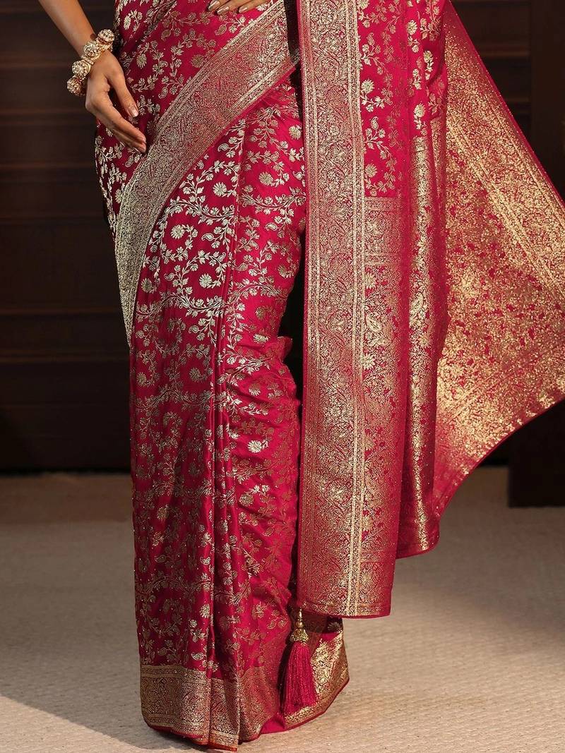 magenta floral zari brocade saree