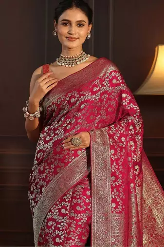 magenta floral zari brocade saree