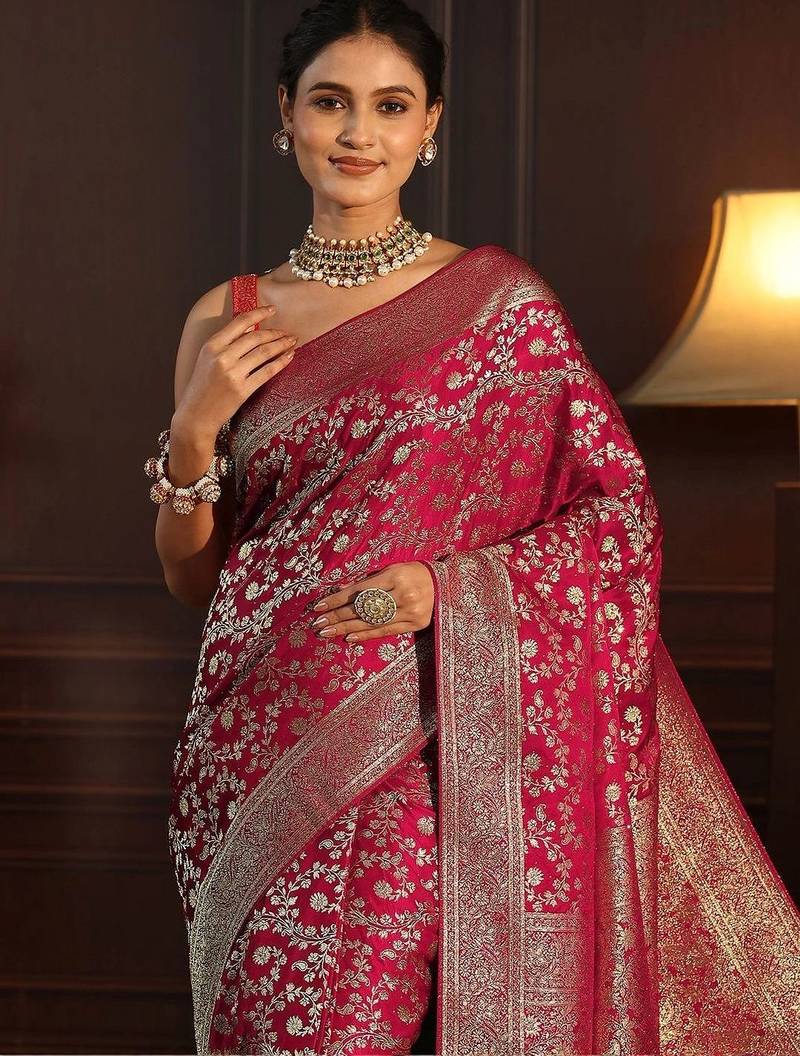 magenta floral zari brocade saree