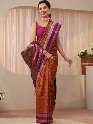 brown woven design zari silk blend saree 1