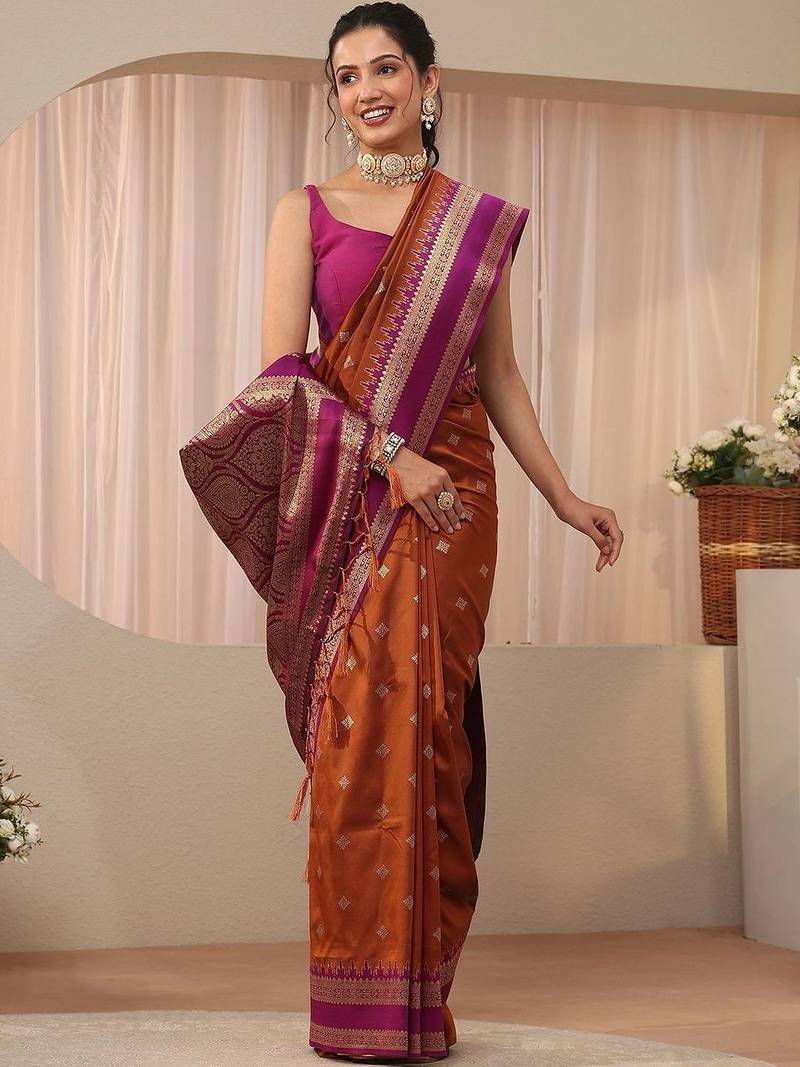 brown woven design zari silk blend saree