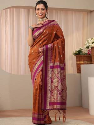 brown woven design zari silk blend saree 2