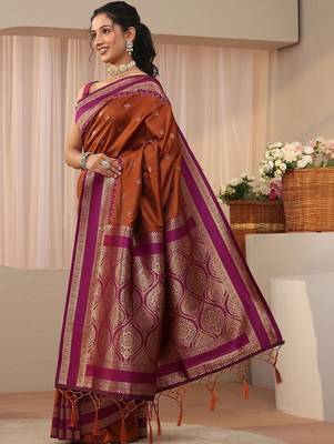 brown woven design zari silk blend saree 3