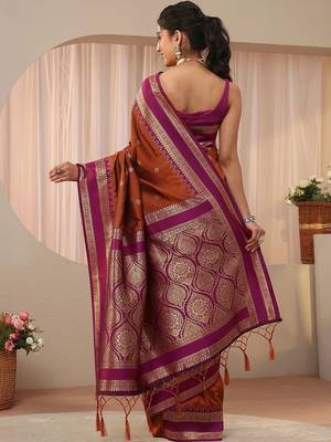 brown woven design zari silk blend saree 4