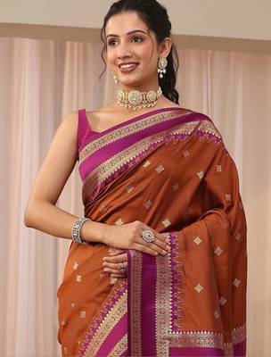 brown woven design zari silk blend saree 5