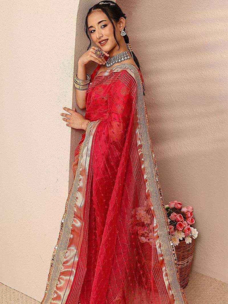 red woven design zari silk blend saree