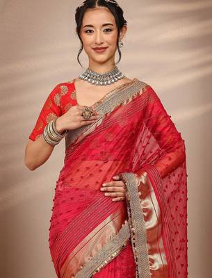 red woven design zari silk blend saree 2