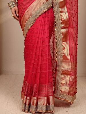 red woven design zari silk blend saree 3