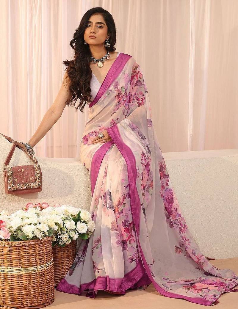 off white floral georgette saree