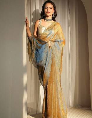 gold beads and stones tissue saree 1