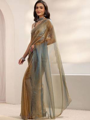 gold beads and stones tissue saree 3