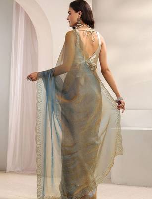 gold beads and stones tissue saree 4