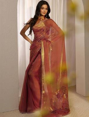 rust floral embroidered tissue saree 1
