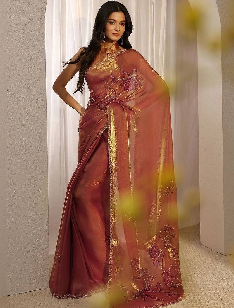 rust floral embroidered tissue saree