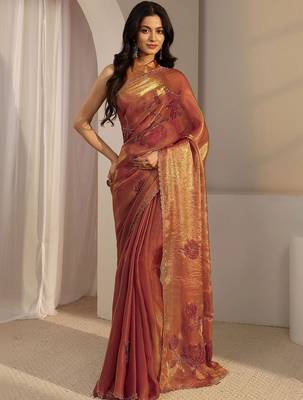 rust floral embroidered tissue saree 2