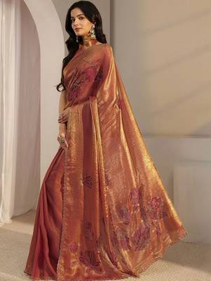 rust floral embroidered tissue saree 3