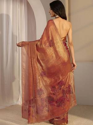 rust floral embroidered tissue saree 4