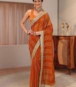 orange striped textured chiffon saree