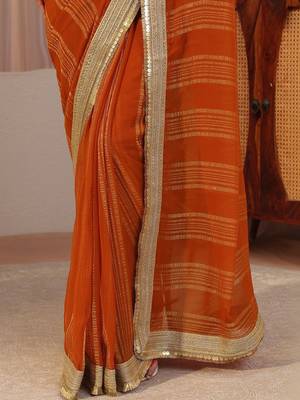 orange striped textured chiffon saree 3
