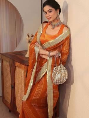 orange striped textured chiffon saree 4