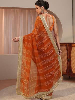orange striped textured chiffon saree 5