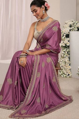 purple floral embroidered satin saree