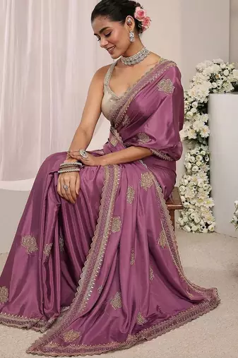 purple floral embroidered satin saree