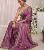 purple floral embroidered satin saree