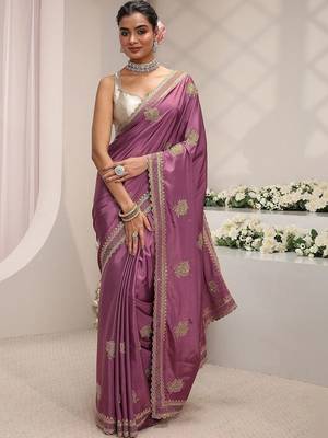 purple floral embroidered satin saree 2