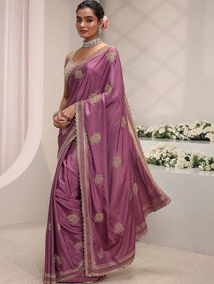purple floral embroidered satin saree 3