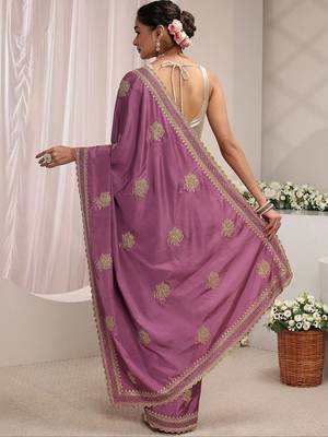 purple floral embroidered satin saree 4