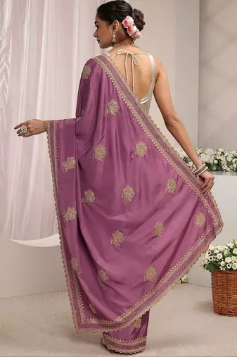 purple floral embroidered satin saree