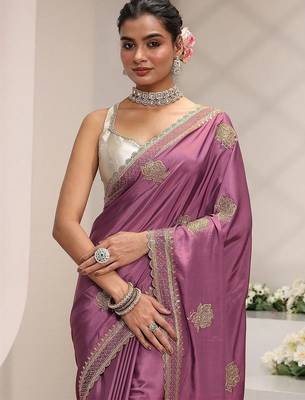 purple floral embroidered satin saree 5