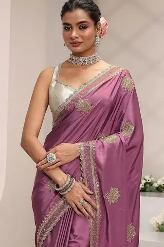 purple floral embroidered satin saree