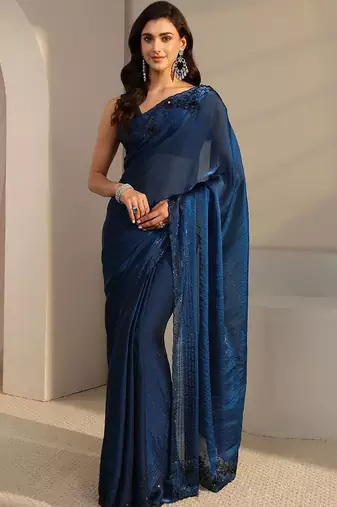 blue embroidered tissue saree