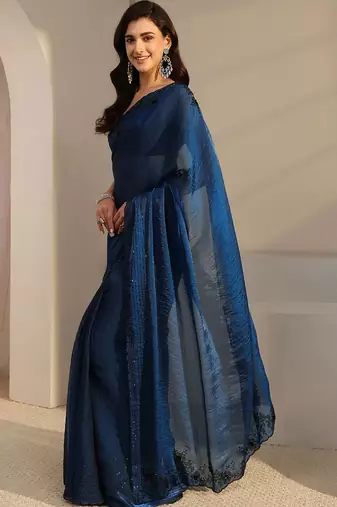 blue embroidered tissue saree