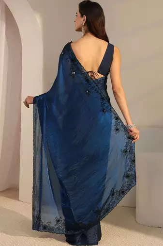 blue embroidered tissue saree