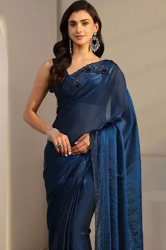 blue embroidered tissue saree