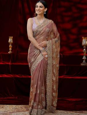 rose floral embroidered tissue saree 1