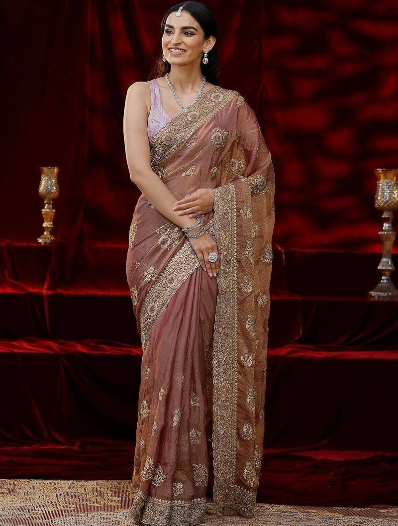 rose floral embroidered tissue saree