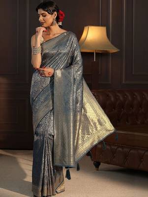 blue woven design zari silk blend saree 1