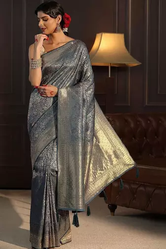 blue woven design zari silk blend saree