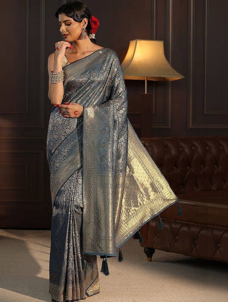 blue woven design zari silk blend saree