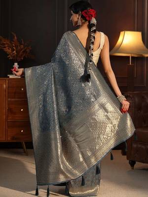 blue woven design zari silk blend saree 3
