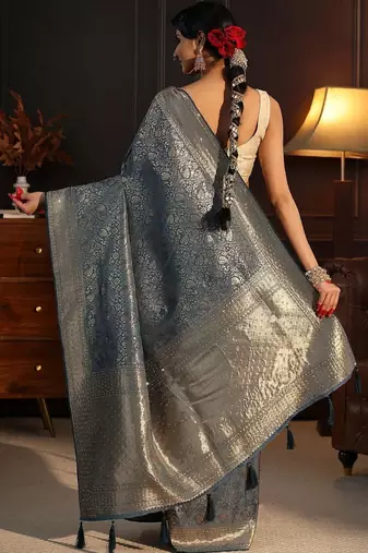 blue woven design zari silk blend saree