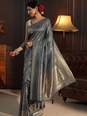 blue woven design zari silk blend saree 5