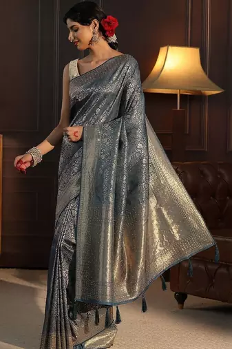 blue woven design zari silk blend saree