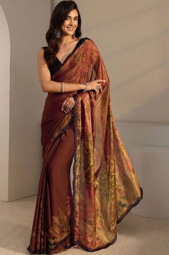 brown floral beads and stones satin saree