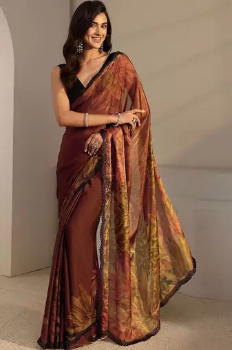 brown floral beads and stones satin saree